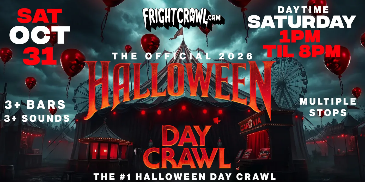 Halloween Day Crawl poster with a haunted carnival and red skull balloons