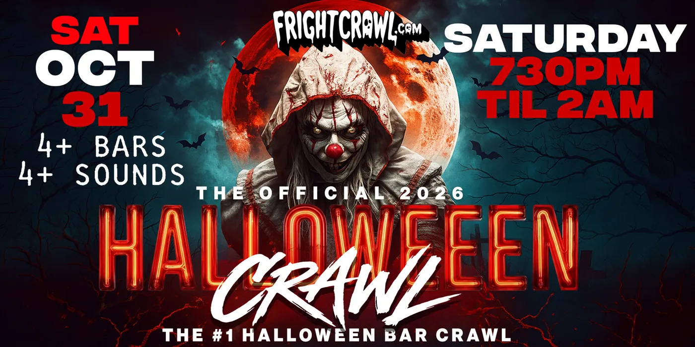 Saturday Halloween Crawl poster with a hooded clown under a blood moon