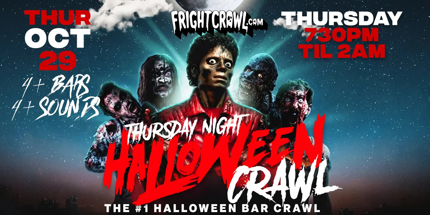 Thursday Night Halloween Crawl poster with Thriller zombies under a full moon