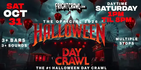 Halloween Day Party poster with a haunted carnival and red skull balloons