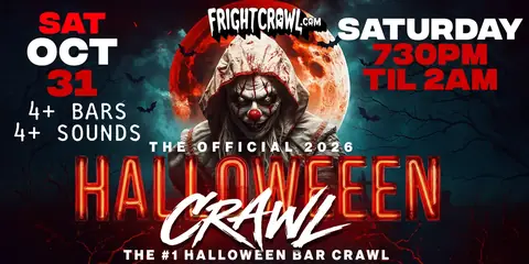 Saturday Halloween Crawl poster with a hooded clown under a blood moon